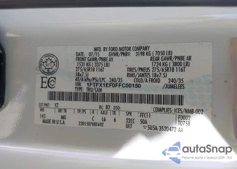 2015 Ford F-150 Xlt z USA, uszkodzony, nr VIN 1FTFX1EF0FFC00150